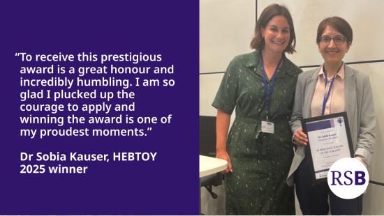 Quote side by side with image of award winner holding certificate