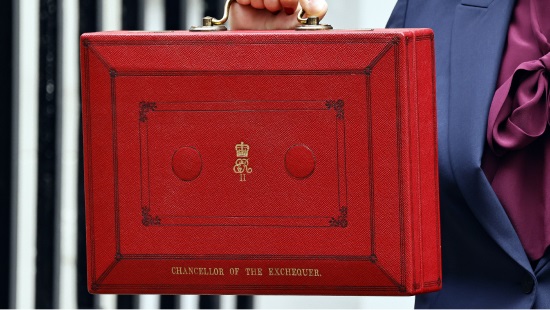Rachel Reeves holding up red briefcase on Downing Street